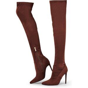 Women Brown Suede Pointed Toe 4.3 inch Stilettos Thigh High Stretch Heels Boots